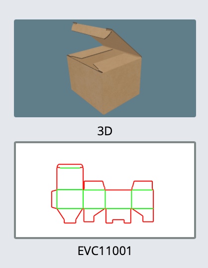 EVC11001 — Astuccio chiusura fondo incastro — Vista 3D, fustella e codice