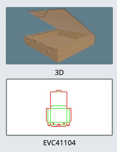EVC41104 — Scatola pizza — Vista 3D, fustella e codice