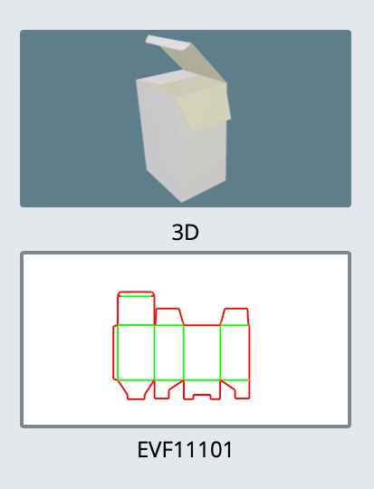 EVF11101 — Astuccio chiusura fondo incastro — Vista 3D, fustella e codice