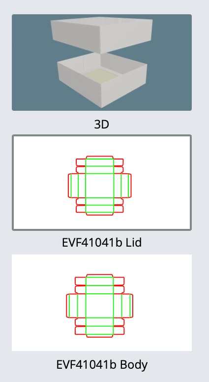EVF41041b — Scatola con fondo e coperchio — Vista 3D, fustella e codice