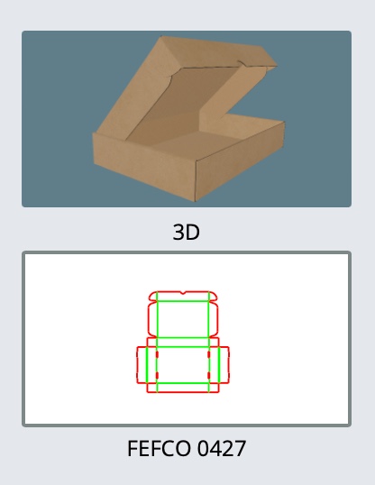 FEFCO 0427 — Scatola automontante — Vista 3D, fustella e codice