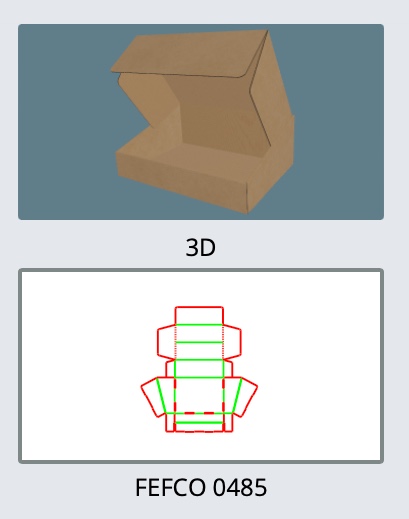 FEFCO 0482 — Espositore contenitore da banco — Vista 3D, fustella e codice