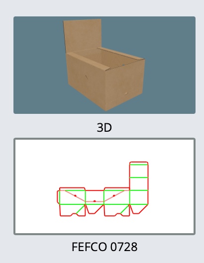 FEFCO 0728 — Espositore contenitore da banco — Vista 3D, fustella e codice