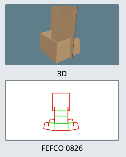 FEFCO 0826 — Portadepliant da banco — Vista 3D, fustella e codice