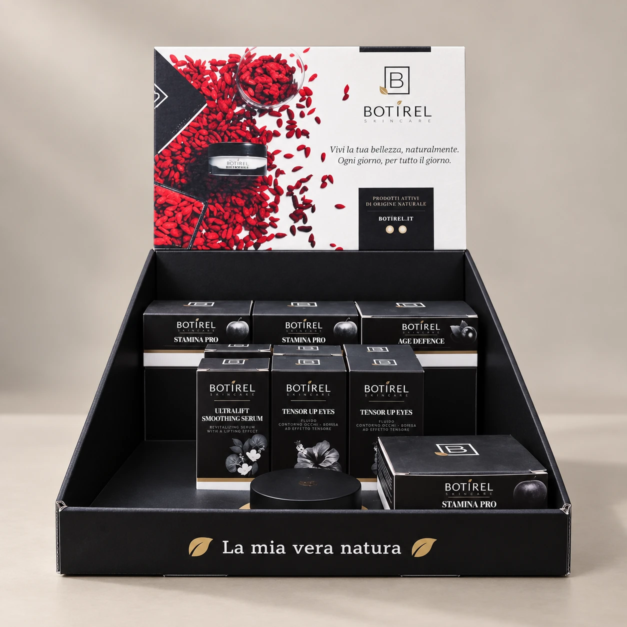 Countertop display for cartons and creams, made by Ideal Packet